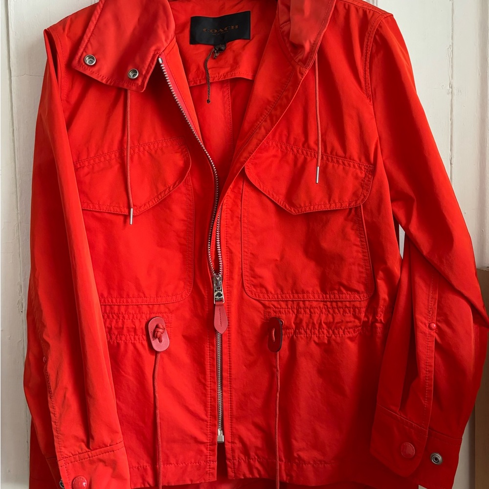 NWOT Coach Women's Red Rain Coat with Leather Trims Size S